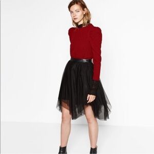 Zara black tulle skirt asymmetrical hem faux leather waist size medium